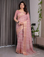 Blush Pink Handloom Linen Saree with Geometric White Print, Zari Border & Tassel Pallu | 5.5m Saree + 0.8m Blouse Piece