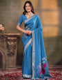Sky Blue Nylon Viscose Pure Saree with Silver Woven Border, Floral Designer Motifs, Elegant Pallu & Tassel Edges