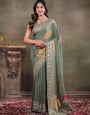 Sage Green Nylon Viscose Pure Saree with Silver Woven Border, Artistic Leaf Print Design, Elegant Pallu & Tassel Edges
