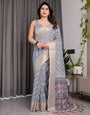 Pastel Grey Handloom Linen Saree with Multicolor Tribal Geometric Pallu & Zari Border | Tassels | 5.5m Saree + 0.8m Blouse