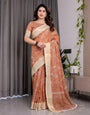 Rust Brown Handloom Linen Saree with White Floral Print, Zari Border & Tassel Pallu | 5.5m Saree + 0.8m Blouse