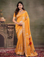 Mustard Yellow Nylon Viscose Pure Saree with Silver Woven Border, Floral Botanical Design, Elegant Designer Pallu & Tassel Edges