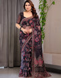 Black Floral Printed Organza Saree with Ethnic Border & Ornamental Pallu | Designer Sheer Organza Saree with Traditional Motifs & Blouse Piece | Elegant Festive & Party Wear Saree
