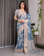 Slate Blue Handloom Linen Saree with Ivory Floral Print & Zigzag Pallu | Zari Border | 5.5m Saree + 0.8m Blouse