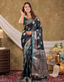 Dark Teal Green Kanjivaram Banarasi Satin Silk Saree with Rich Zari Weaving, Peacock Pallu & Tassel Detailing