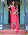 Coral Red Designer Freehand Saree with Mandala Pallu & Multicolor Border | Satin Georgette | Hole-in-the-Pallu Feature