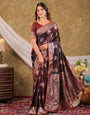 Chocolate Brown Kanjivaram Banarasi Satin Silk Saree with Rich Silver Zari Weaving, Peacock Pallu & Tassel Detailing