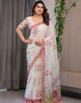 Ivory White Designer Organza Saree with Royal Elephant & Camel Motifs | Floral Printed Lightweight Organza Saree with Attached Blouse | Festive & Ethnic Wear Saree