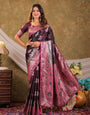 Wine Purple Kanjivaram Banarasi Satin Silk Saree with Rich Silver Zari Weaving, Heritage Pallu & Tassel Detailing