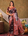 Chocolate Brown Kanjivaram Banarasi Satin Silk Saree with Rich Silver Zari Weaving, Designer Heritage Pallu & Tassel Detailing