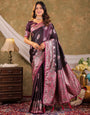 Wine Purple Kanjivaram Banarasi Satin Silk Saree with Rich Silver Zari Weaving, Royal Heritage Pallu & Tassel Detailing