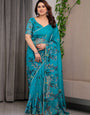Teal Green Printed Organza Saree with Floral & Bird Motifs and Multicolour Lace Border | Designer Lightweight Organza Saree with Attached Blouse Piece | Elegant Festive & Party Wear Saree