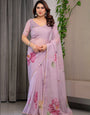 Dusty Rose Pink Floral Printed Organza Saree with Watercolour Rose Motifs | Designer Lightweight Sheer Organza Saree with Attached Blouse | Elegant Festive & Party Wear Saree