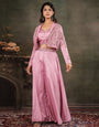 Rose Pink Satin Co-Ord Set with Embroidered Crop Top, Designer Jacket & Wide-Leg Palazzo