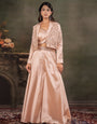 Champagne Beige Satin Co-Ord Set with Embroidered Crop Top, Designer Jacket & Wide-Leg Palazzo
