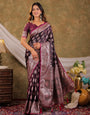 Wine Purple Kanjivaram Banarasi Satin Silk Saree with Intricate Silver Zari Weaving, Royal Heritage Pallu & Tassel Detailing