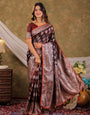 Chocolate Brown Kanjivaram Banarasi Satin Silk Saree with Intricate Silver Zari Weaving, Royal Heritage Pallu & Tassel Detailing