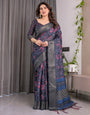 Navy Blue Handloom Linen Saree with Red Floral Print & Geometric Patterned Pallu | Antique Zari Border & Tassels | Attached Blouse | 5.5m Saree + 0.8m Blouse