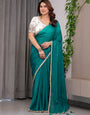 Emerald Green Fendy Satin Saree with Pearl Lace Border & Tassel Pallu | Premium Shimmer Satin Saree with Heavy Embroidered Designer Blouse | Zari Floral & Peacock Embroidery Blouse Festive Saree