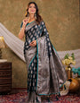 Dark Teal Green Kanjivaram Banarasi Satin Silk Saree with Intricate Silver Zari Weaving, Royal Heritage Pallu & Tassel Detailing