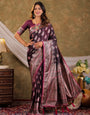 Wine Purple Kanjivaram Banarasi Satin Silk Saree with Intricate Silver Zari Weaving, Royal Heritage Pallu & Tassel Detailing