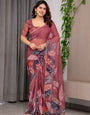 Rust Wine Printed Organza Saree with Tropical Leaf Border | Designer Lightweight Sheer Organza Saree with Botanical Prints & Attached Blouse Piece | Elegant Festive & Party Wear Saree