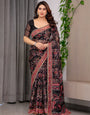 Black Designer Floral Printed Organza Saree with Traditional Paisley Border | Lightweight Sheer Organza Saree with Ethnic Motifs & Attached Blouse Piece | Festive & Party Wear Saree