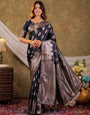Dark Navy Blue Kanjivaram Banarasi Satin Silk Saree with Intricate Silver Zari Weaving, Royal Heritage Pallu & Tassel Detailing
