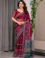 Wine Red Designer Printed Organza Saree with Multicolor Ethnic Paisley Border | Lightweight Floral Printed Party Wear Saree with Attached Blouse Piece | Festive & Wedding Wear Saree