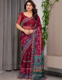 Wine Red Designer Printed Organza Saree with Multicolor Ethnic Paisley Border | Lightweight Floral Printed Party Wear Saree with Attached Blouse Piece | Festive & Wedding Wear Saree