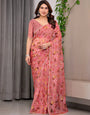 Dusty Rose Floral Printed Organza Saree | Designer Soft Sheer Organza Saree with Large Blossom Prints & Matching Blouse Piece | Elegant Party & Festive Wear Saree
