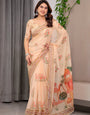 Peach Beige Scenic Printed Organza Saree with Royal Garden Palace Artwork Pallu | Designer Lightweight Organza Saree with Floral Border & Matching Blouse Piece | Festive & Party Wear Saree