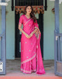 Vibrant Rani Pink Freehand Floral Printed Saree in Satin Georgette with Ivory Border & Designer Blouse | 5.5m Saree + 0.8m Blouse Piece