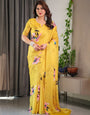 Sunshine Yellow Floral Satin Georgette Saree with Multicolor Watercolour Flowers & Designer Back-Knot Blouse