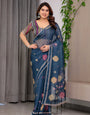 Navy Blue Printed Organza Saree with Geometric Motifs & Multicolour Lace Border | Designer Lightweight Organza Saree with Attached Blouse Piece | Elegant Festive & Party Wear Saree