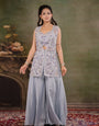 Powder Blue Embroidered Three-Piece Co-Ord Set with Designer Overlay & Wide-Leg Palazzo