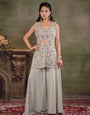 Sage Green Embroidered Three-Piece Co-Ord Set with Designer Overlay & Wide-Leg Palazzo