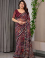 Maroon Tribal Geometric Printed Organza Saree with Kalamkari Inspired Pallu | Designer Ethnic Patchwork Style Organza Saree with Attached Blouse Piece | Festive & Party Wear Saree