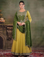 Olive Green & Lime Yellow Embroidered Anarkali Suit Set with Matching Dupatta