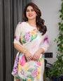 Ivory White Floral Garden Print Satin Georgette Saree with Multicolor Tropical Flowers & Designer Attached Blouse