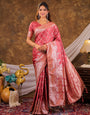 Rose Pink Kanjivaram Banarasi Satin Silk Saree with Antique Silver Zari Weaving, Rich Heritage Pallu & Tassel Detailing