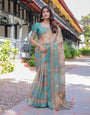 Teal Beige Handloom Cotton Saree with Swan Motif Pallu & Floral Digital Print
