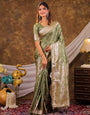 Sage Green Kanjivaram Banarasi Satin Silk Saree with Antique Silver Zari Weaving, Rich Heritage Pallu & Tassel Detailing