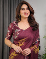Maroon Floral Satin Georgette Saree with Mustard Leaf Print & Designer Attached Blouse ā Soft Elegant Draping Saree