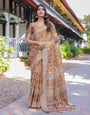 Royal Brown Procession Print Handloom Cotton Saree with Illustrated Pallu & Blouse
