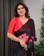 Black Satin Georgette Rose Printed Saree with Attached Blouse ā Elegant Partywear Designer Saree with Red Floral Artwork