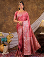 Rose Pink Kanjivaram Banarasi Satin Silk Saree with Antique Silver Zari Weaving, Rich Heritage Pallu & Tassel Detailing