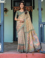 Beige Green Handloom Cotton Saree with Lotus Print & Colorful Peacock Pallu