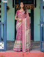 Rose Pink Handloom Cotton Saree with Ivory Elephant Procession Pallu & Floral Print