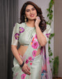 Mint Green Satin Georgette Floral Printed Saree with Attached Blouse – Soft Pastel Designer Saree with Watercolor Bloom Detailing